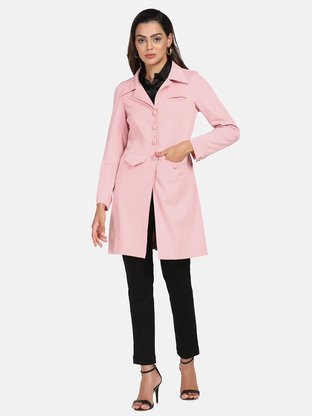 Women Solid Standard Pink Collared Neck Full Sleeve Jacket Satin Fabric Silk Fabric Chiffon Fabric
