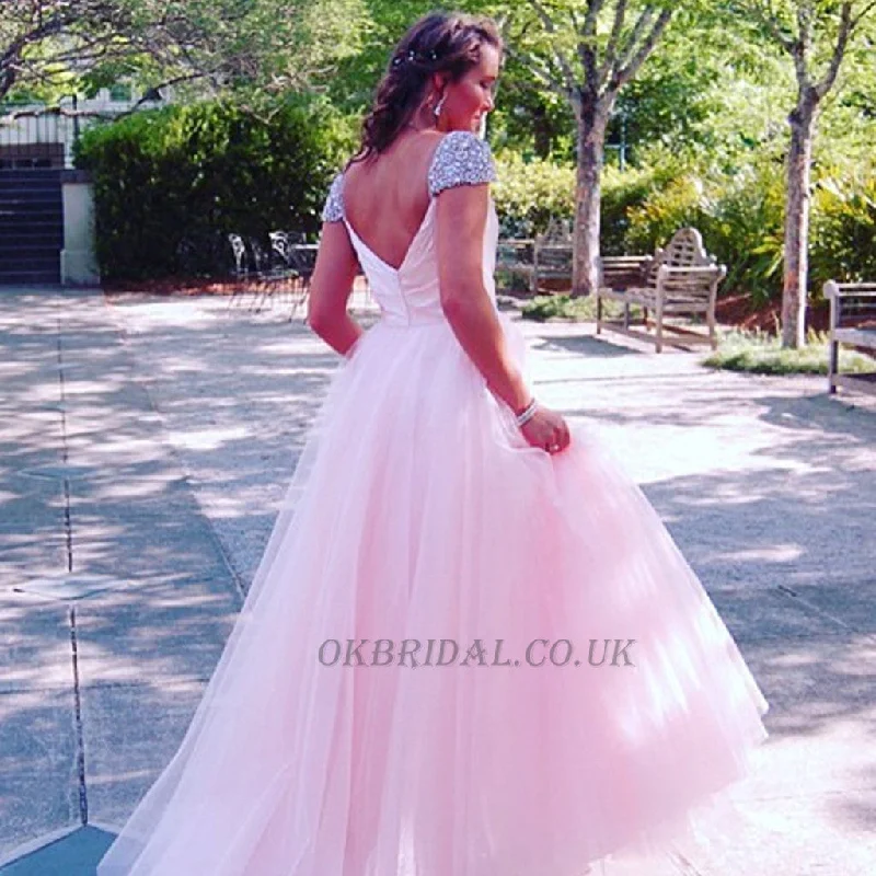 V-Neck Prom Dress, Tulle Prom Dress, A-Line Prom Dress, Beaded Prom Dress, V-Back Prom Dress, KX47 Tunics Stylish modern