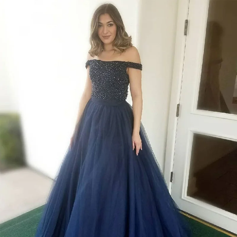 Charming Off Shoulder Beaded Prom Dress, Tulle A-Line Backless Prom Dress, KX1063 Tunics Luxurious high-end