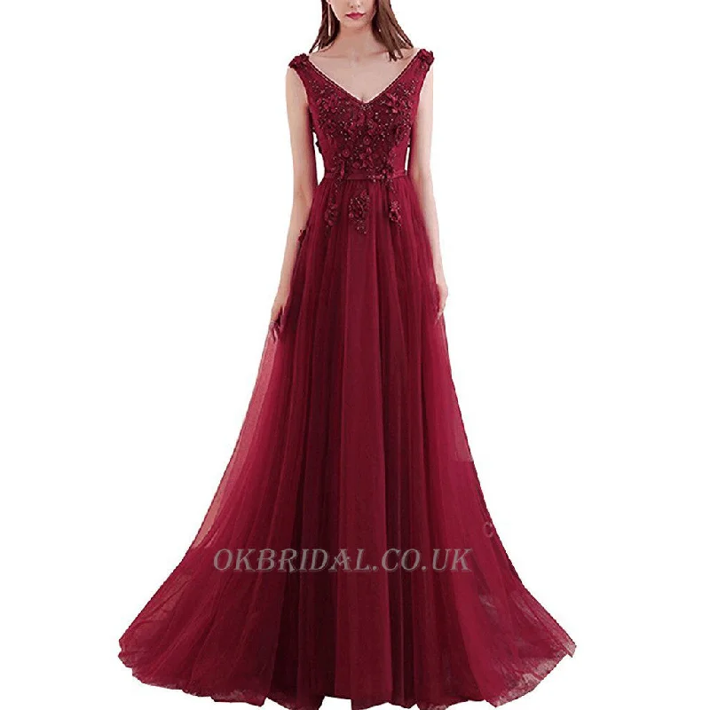 Sexy V-Neck Tulle Prom Dress, A-Line Sleeveless Prom Dress, Applique Beaded Evening Dresses, KX34 Elegant Long Evening