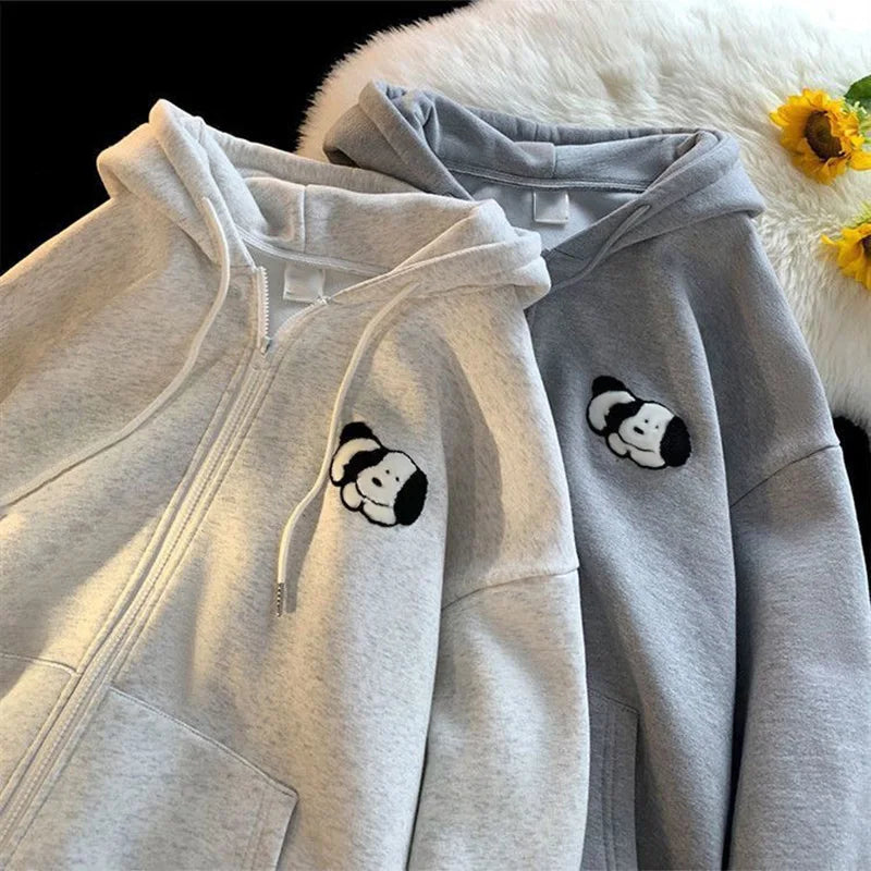 Advbridge Women Aesthetic Hoodies Gray Cartoon Puppy Printed Sweatshirts Y2K Zip Up Autumn Vintage Oversized Hoodies With Pockets Teens Hoodie with Belted Waist Structured Tailored