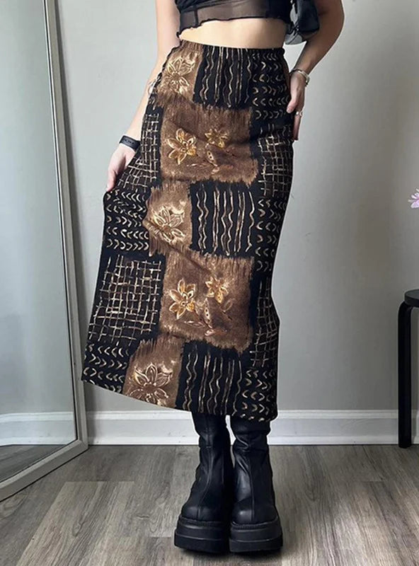 Retro Flower Mesh Stitching Skirt leather skirt sleek