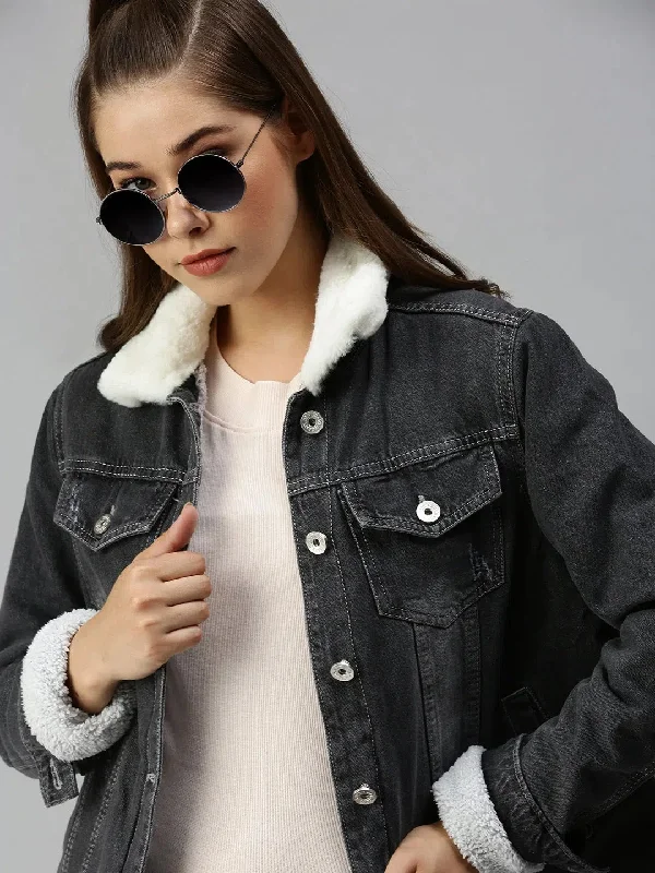 Women's Grey Solid Denim Jacket Jackets-IM-JKT9835-Grey Belted Jacket Elasticated Jacket Padded Jacket