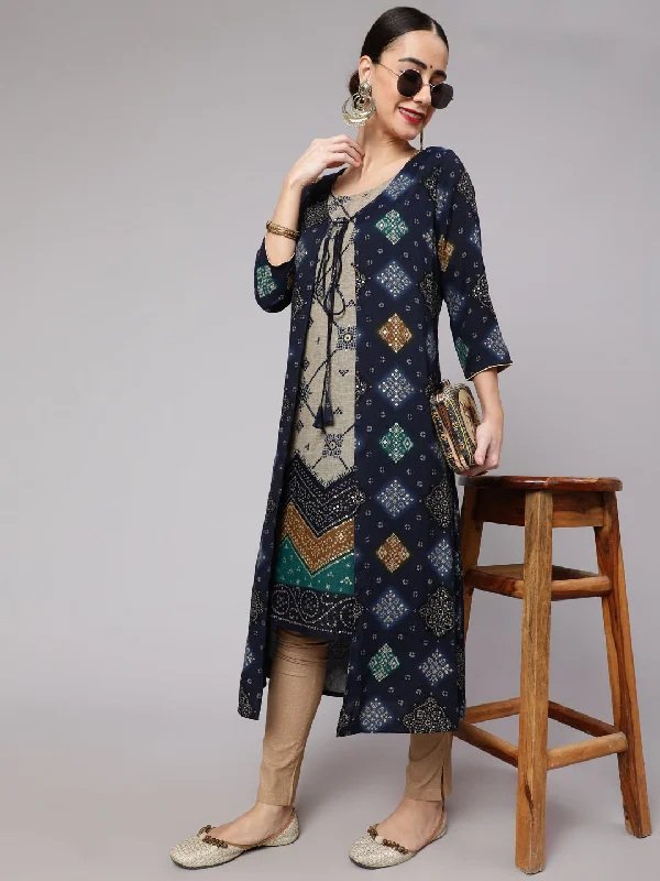 Women's Navy Blue Bandhani Printed Kurta With Jacket Set - Aks Mesh Jacket Canvas Jacket Denim Jacket