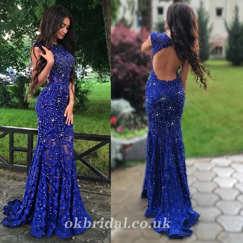 Mermaid Prom Dress, Blue Lace Prom Dress, Beading Prom Dress, Open-Back Prom Dress, LB0884 Boatneck Modish Everyday