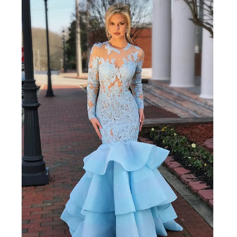 Blue Lace Long Sleeve Prom Dress, Memraid Open-Back Tulle Prom Dress, KX603 A-Line Day Work