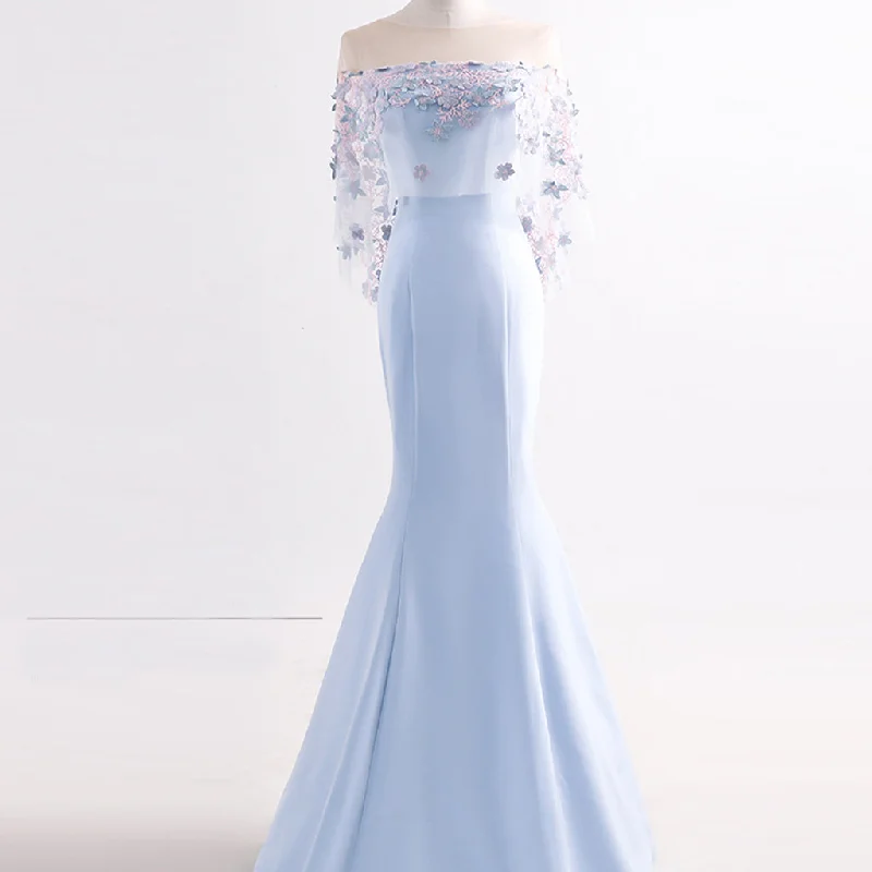 Satin Prom Dresses, Applique Mermaid Off-Shoulder Prom Dresses Online, LB0370 Turtleneck Neckline Stylish
