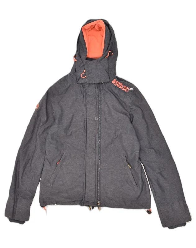 SUPERDRY Womens The Windcheater Hooded Windbreaker Jacket UK 14 Large Grey Rayon Fabric Velvet Fabric Corduroy Fabric
