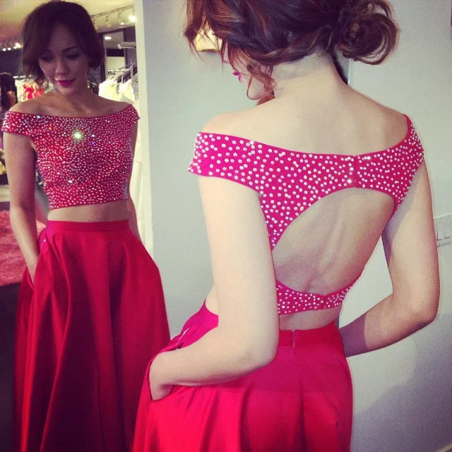 Off Shoulder Two Pieces Red Evening Prom Dresses, Sexy Open Back Party Prom Dress, Custom Long Prom Dresses, Cheap Formal Prom Dresses, 17081 Tunics Corduroy durable
