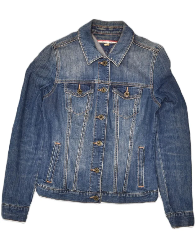 TOMMY HILFIGER Womens Denim Jacket UK 6 XS Blue Cotton A-Line Jacket Boat Neck Shawl Collar
