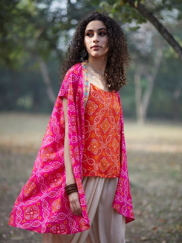 Women's Pink Bandhani Print Co Ord Set with Jacket - Aks Mesh Jacket Canvas Jacket Denim Jacket