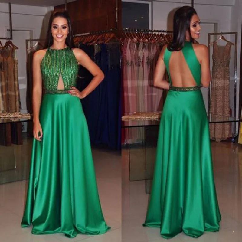 Green Backless Satin Prom Dress, Sleeveless Sexy Beaded Prom Dress, KX160 Tunics Travel practical