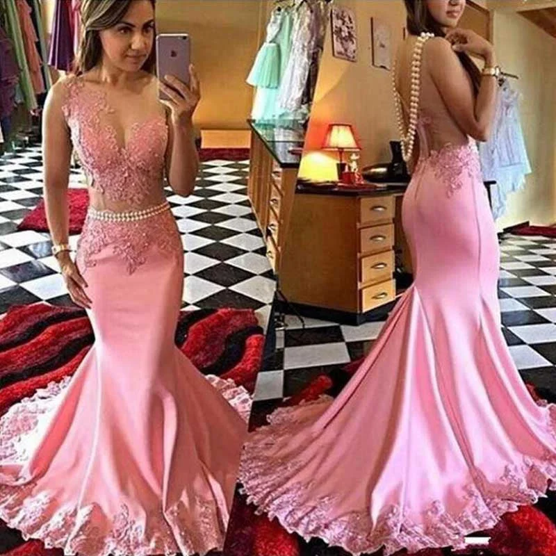 Pink Lace Mermaid Evening Prom Dresses, Long See Through Party Prom Dress, Custom Long Prom Dress, Cheap Party Prom Dress, Formal Prom Dress, 17031 Tunics Versatile functional