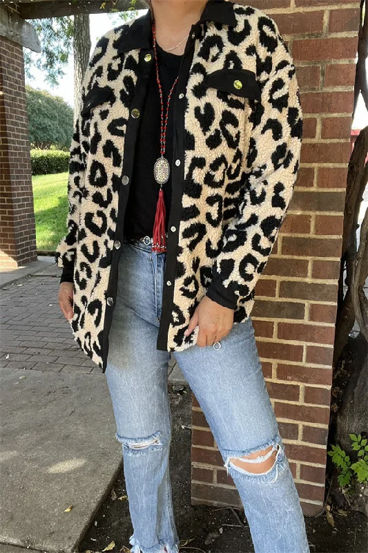 BQ15490 Black/beige leopard w/front pockets&buttons long sleeve women coats/jackets Zippered Jacket Buttoned Jacket Snapped Jacket