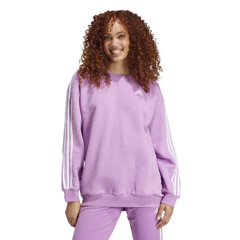 Women's Adidas Essentials 3-Stripes Oversized Fleece Sweatshirt Hoodie with Distressed Vintage Worn
