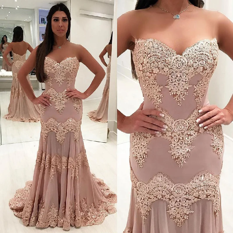 Charming Sweet Heart Lace Prom Dress, Mermaid Applique Backless Prom Dress, KX171 Tunics Silk luxurious