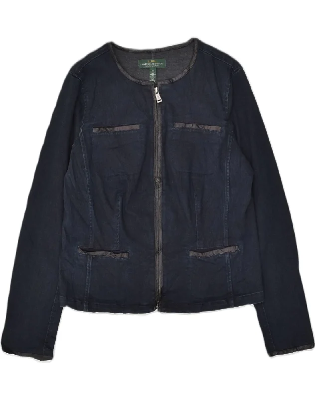 RALPH LAUREN Womens Denim Jacket US 12 Large Navy Blue Cotton Zip Front Button Front Snap Front