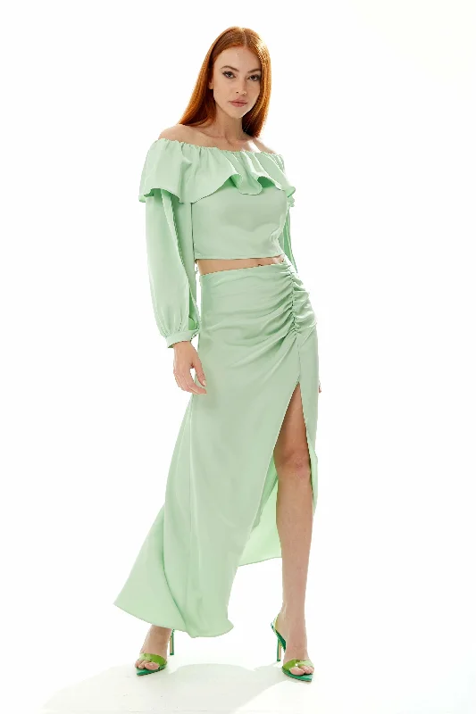 Liquorish Gathered Detail Maxi Skirt With A Slit In Mint chiffon skirt lightweight