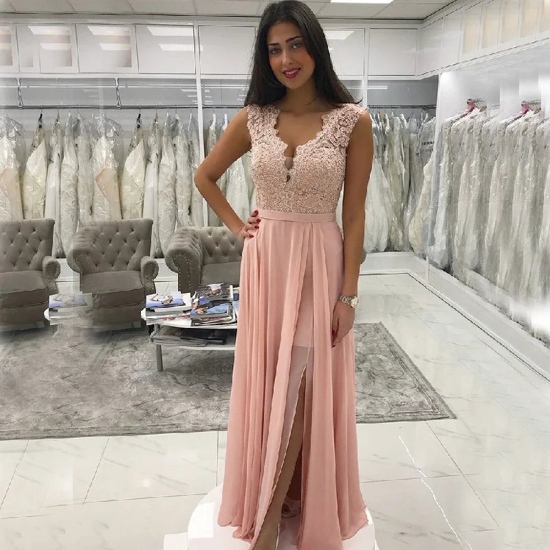 Lace Top Backless Pink Prom Dresses, Chiffon Sleeveless A-Line Prom Dresses, KX1069 Floral Print girly