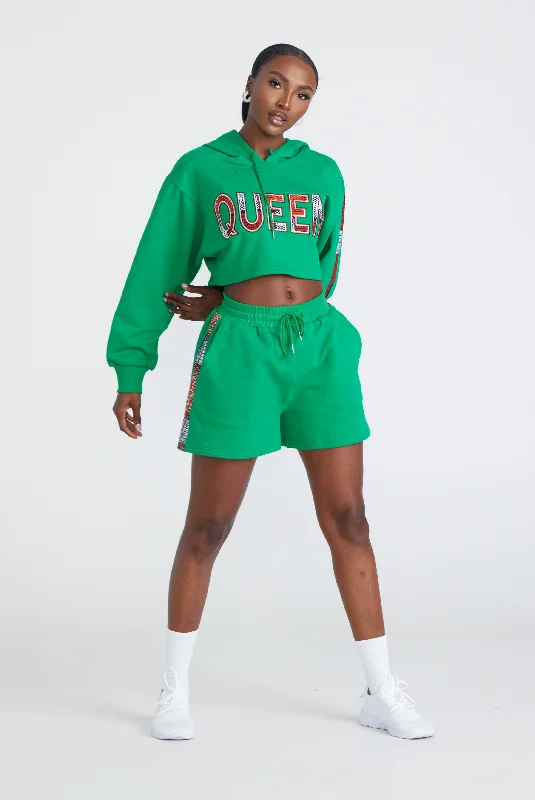 CROP QUEEN Hoodie Short Set (Ankara)- GREEN Hoodie with Puffed Sleeves Voluminous Trendy CROP QUEEN Hoodie Short Set (Ankara)- GREEN Hoodie with Puffed Sleeves Voluminous Trendy
