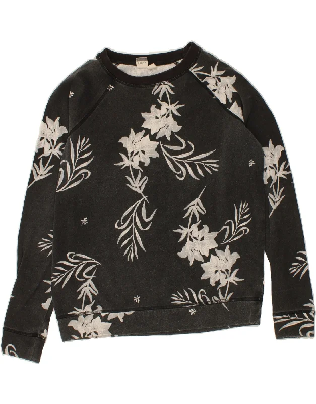 ROXY Womens Sweatshirt Jumper UK 14 Medium Grey Floral Cotton Hoodie with Hood Adjustable Protection