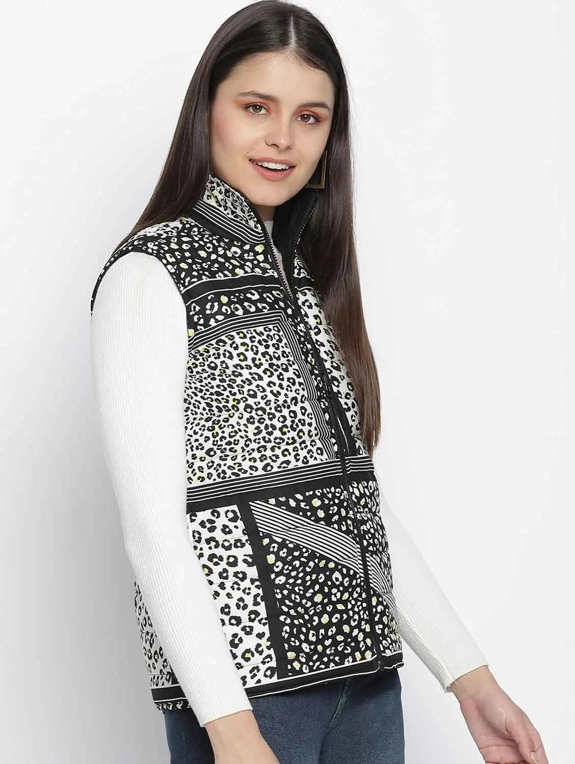 Women Printed Black Collared Neck Sleeveless Jacket Zip Front Button Front Snap Front