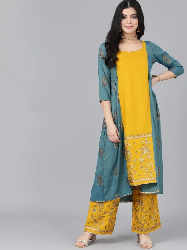 Women's  Mustard Yellow & Blue Floral Embroidered Kurta with Palazzos & Jacket - AKS Herringbone Jacket Checkered Jacket Solid Jacket