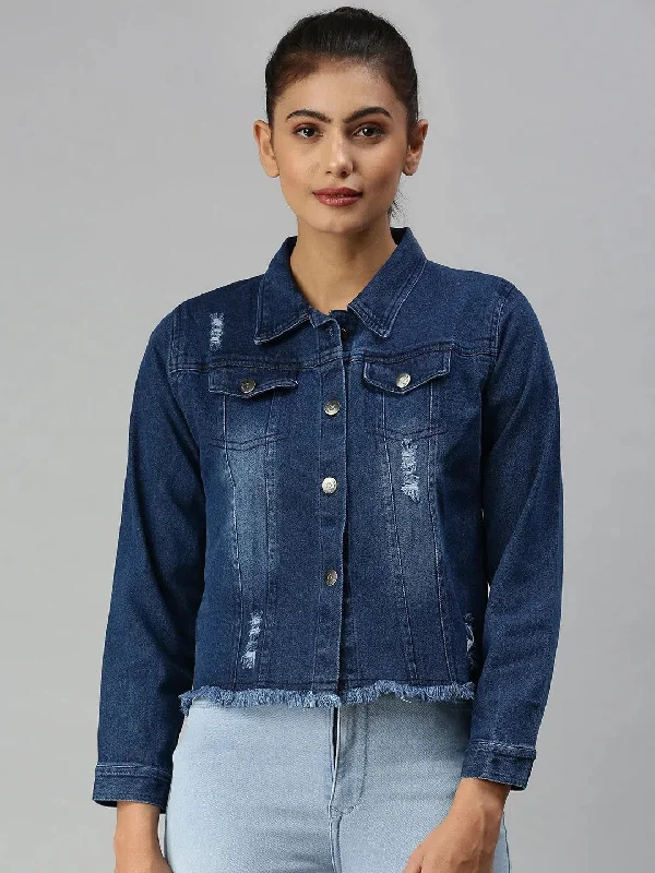 Women's Blue Solid Denim Jacket Jackets-AE-999153-Navyblue Knit Fabric Woven Fabric Fleece Fabric