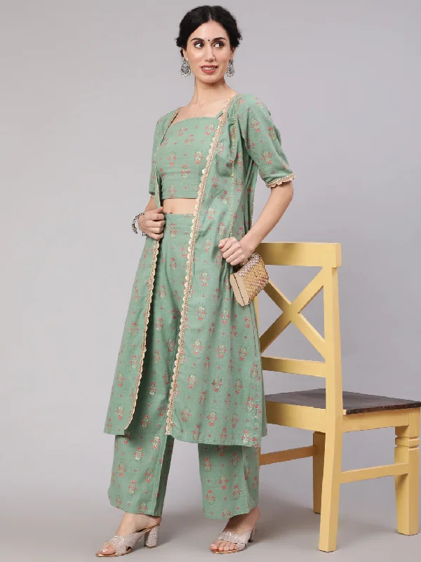 Women's Sea Green Floral Co Ord Set With Jacket - Aks Mesh Jacket Canvas Jacket Denim Jacket