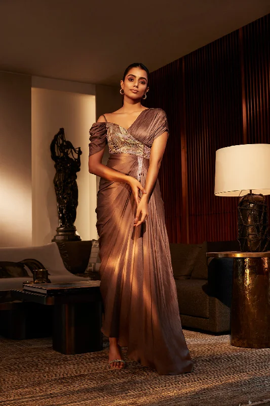 Espresso Drape Dress With An Asymmetric Swan Inspired Embroidered Bodice Tunics Modern contemporary
