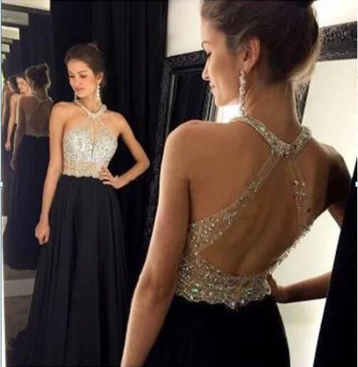 Halter backless Evening Prom Dresses, Sexy Long Prom Dress, Black Evening Prom Dress, 2017 Prom Dress, Custom Evening Party Prom Dresses, 17006 Tunics Prom sequined