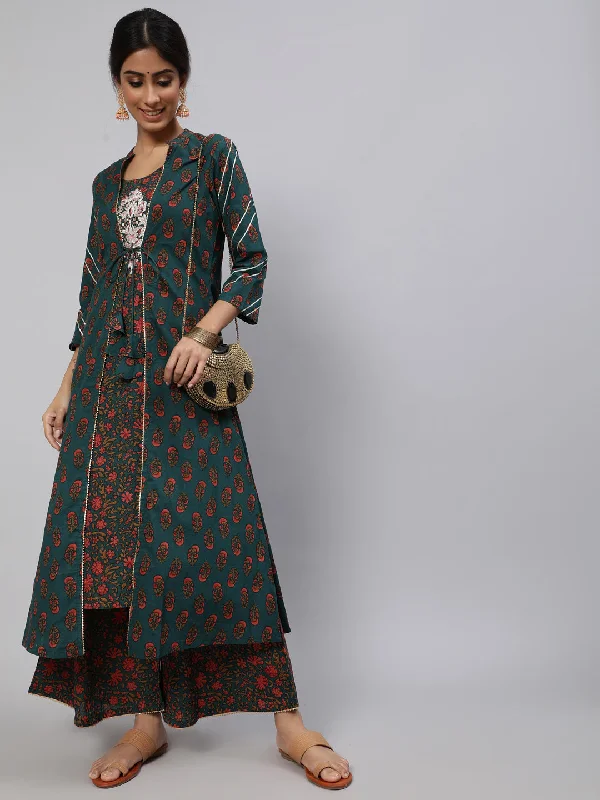 Women's Green Embroidered Kurta Palazzo With Jacket - Aks Zippered Jacket Buttoned Jacket Snapped Jacket