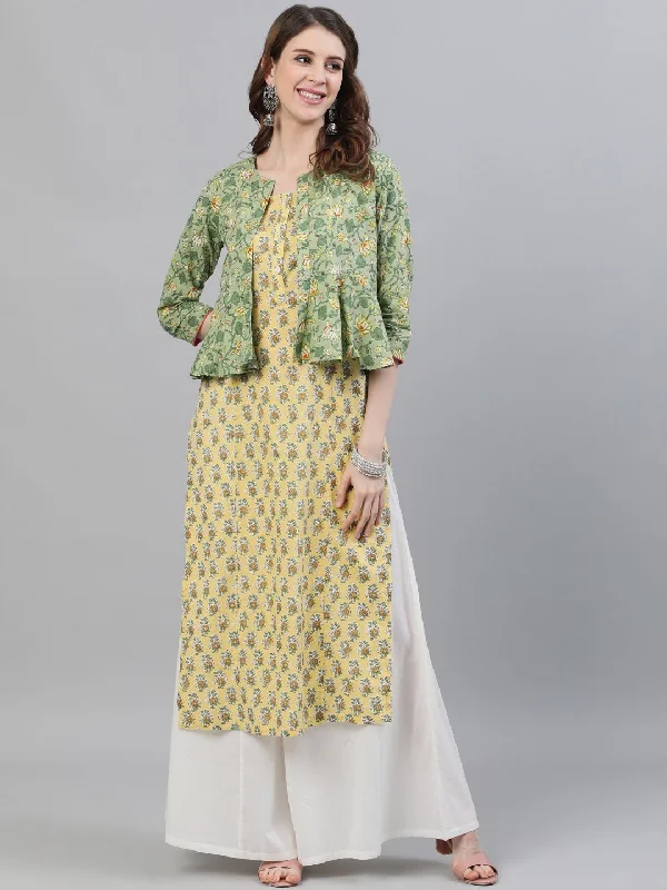 Women's Green & Yellow Floral Printed Straight Kurta With Jacket - AKS Belted Jacket Elasticated Jacket Padded Jacket