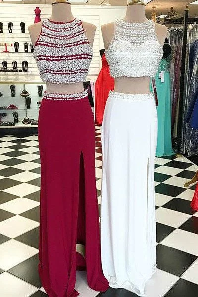Sexy Two Pieces Red Beaded Evening Prom Dresses, Long Beaded Party Prom Dress, Custom Long Prom Dresses, Cheap Formal Prom Dresses, 17055 Halter Neckline Beach