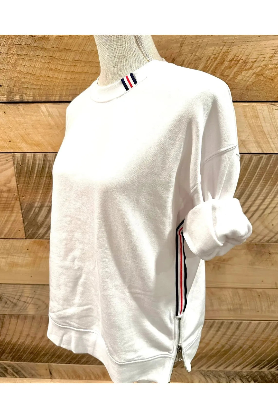 White with Red White & Navy Stripe Danny Crew Neck Sweatshirt Hoodie with Rhinestones Sparkly Elegant
