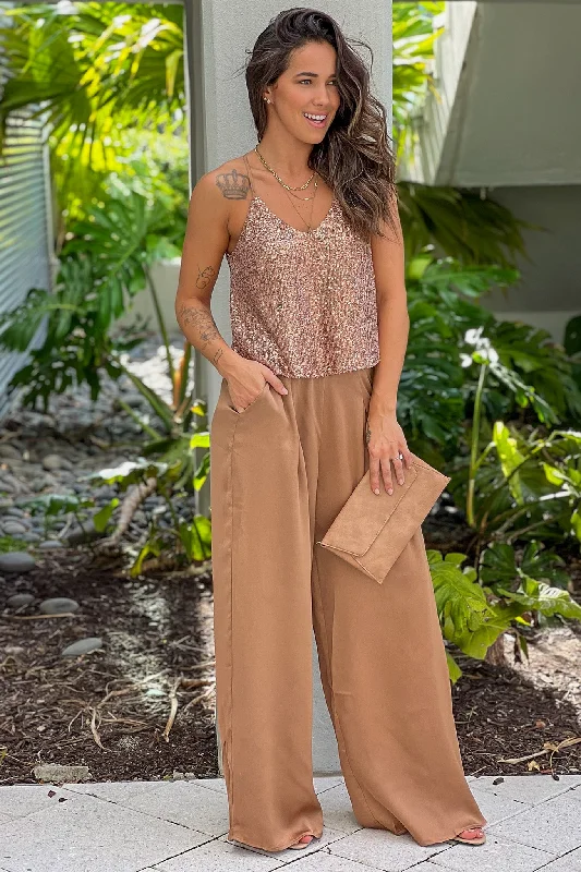 Latte Sequin Top And Satin Pants Set Soft Wool Pants