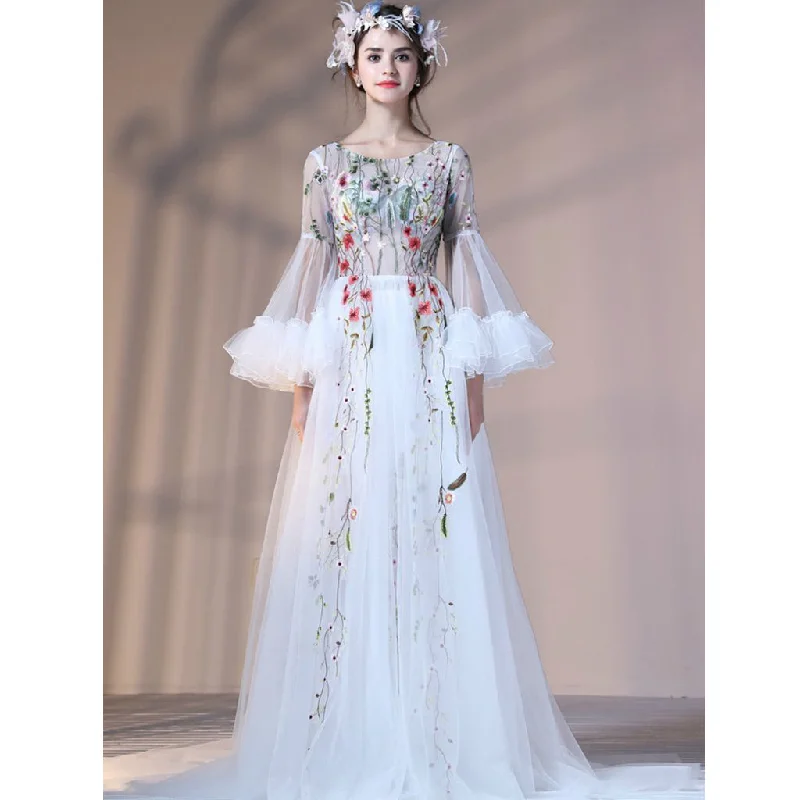 Elegant White Tulle A-Line Prom Dresses, Long Sleeve Applique Round Neckline Prom Dresses, KX198 Tunics Wedding white