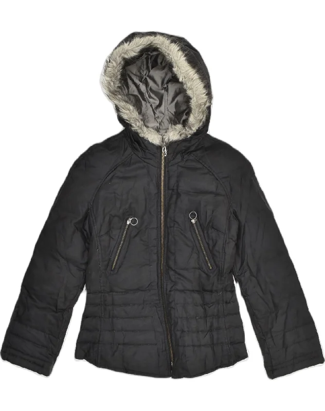 GUESS Womens Hooded Padded Jacket UK 8 Small Black Polyamide Embroidered Jacket Appliqued Jacket Beaded Jacket