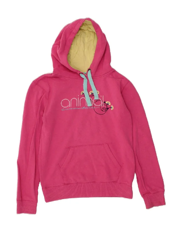 ANIMAL Womens Graphic Hoodie Jumper UK 12 Medium Pink Hoodie with Embroidery Detailed Premium