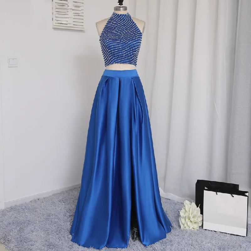 Long Prom Dress, Satin Prom Dress, Two Pieces Prom Dress, Dress for Party, Beading Prom Dress, Side Split Prom Dress, A-line High Collar Prom Dress, LB0282 Tunics Corduroy durable