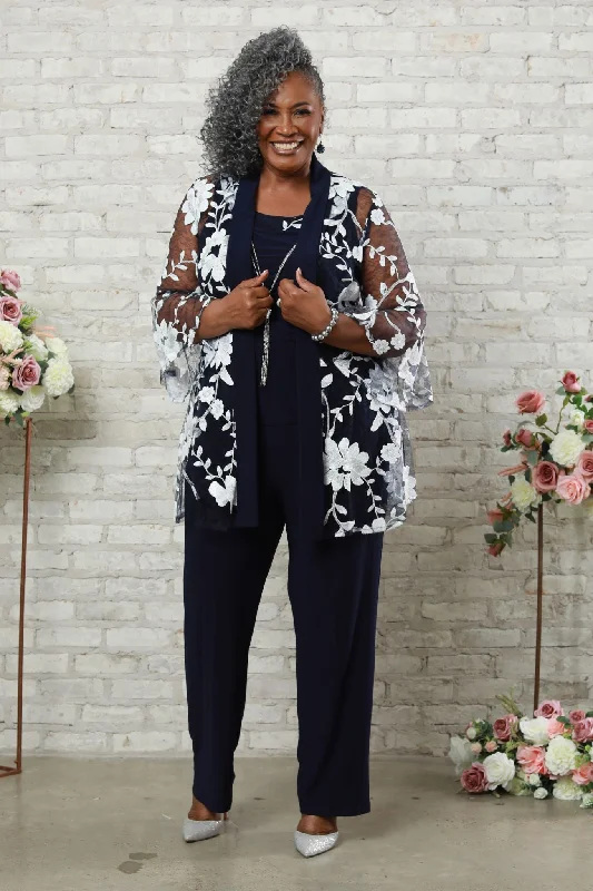 Women's Threadwork Floral Pantsuit with Sheer Bell Sleeves Formal Linen Trousers