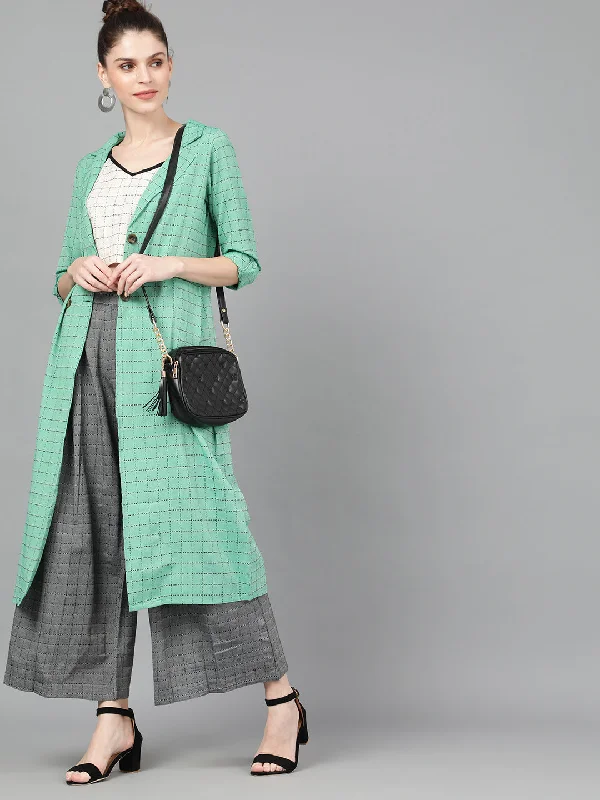 Women's Green Checked Long Jacket - Aks Satin Fabric Silk Fabric Chiffon Fabric