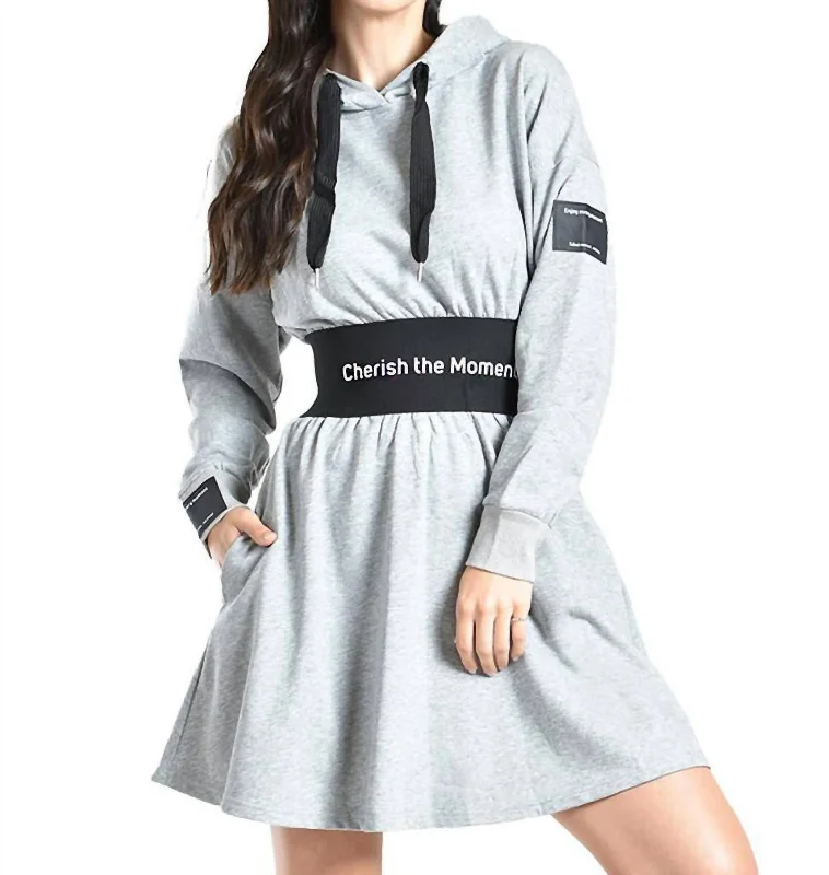 Cherish The Moment Hooded Sweatshirt Dress In Gray Hoodie with Applique Textured Unique