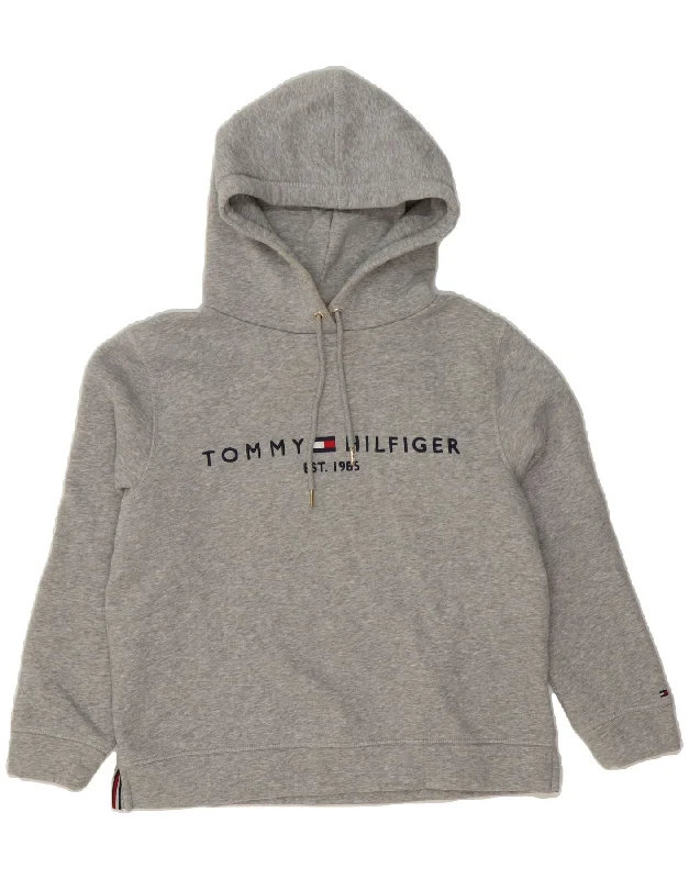 TOMMY HILFIGER Womens Oversized Graphic Hoodie Jumper UK 10 Small Grey Hoodie with Hem Embroidery Detailed Premium