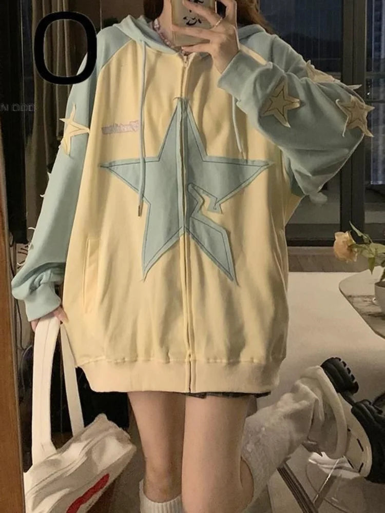 Advbridge Y2K Harajuku Sweet Embroidered Star Hoodies Women Contrast Color Loose Casual Zip Up Aesthetic Vintage Fashion Tops New Hoodie with Applique Textured Unique Advbridge Y2K Harajuku Sweet Embroidered Star Hoodies Women Contrast Color Loose Casual Zip Up Aesthetic Vintage Fashion Tops New Hoodie with Applique Textured Unique