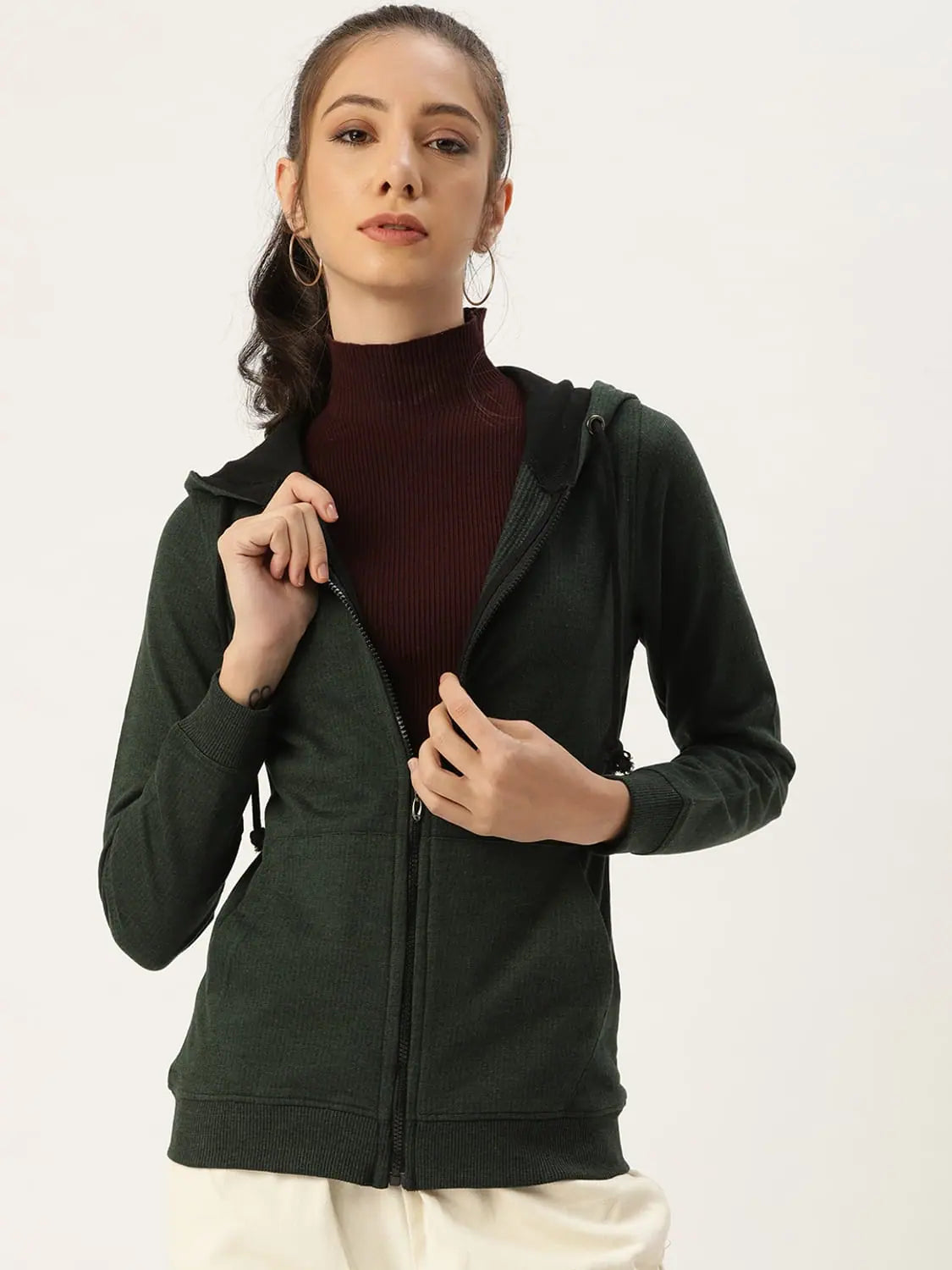 Women Solid Olive Full Sleeve Jacket Zippered Jacket Buttoned Jacket Snapped Jacket