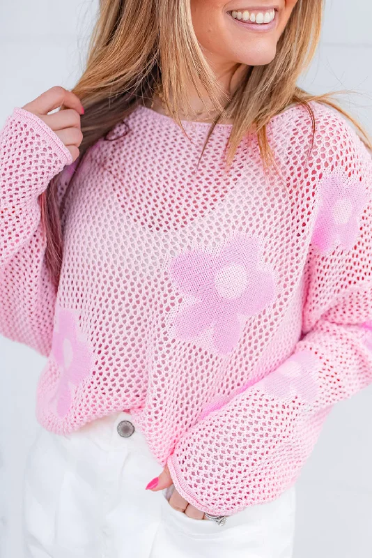 Big Flower Hollowed Knit Drop Shoulder Sweater Houndstooth Herringbone Solid