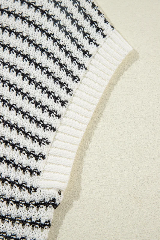 Stripe Ribbed Trim Loose Fit Knitted Sweater Vest Solid Print Embellished