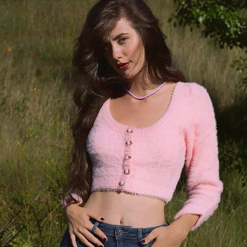 DressBetty - Women's Sweet Pink Fluffy Low Crew Neck Knitted Short Sweater Slim Fit Regular Fit Oversized