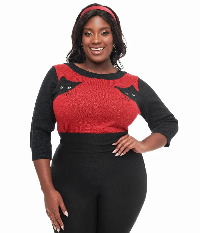Unique Vintage Plus Size 1950s Burgundy & Black Cat Sleeve Minou Sweater Fleece Sweater Nylon Polyester